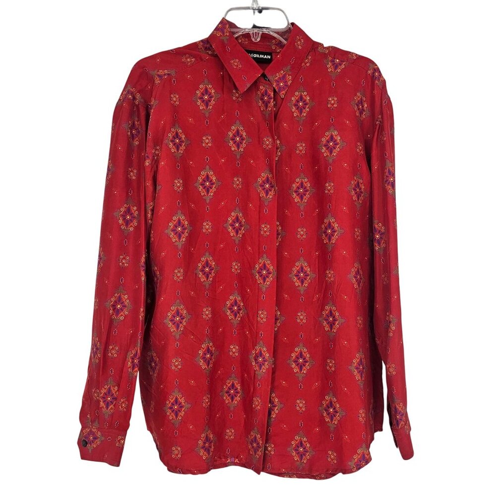 Vintage Diane Gilman Silk Button‎ Up Shirt L Red Southwestern AOP Hidden Button
